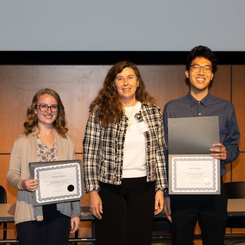 MCP students Jessica Teitel and Derek Dang pose with Dr. Zaneta Nikolovska-Coleska as winners of the MCP Outstanding Service Award.